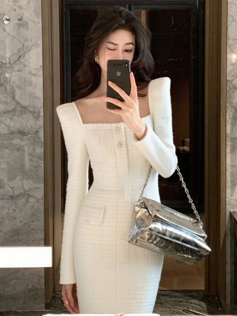 Gaun Kerah Kotak Seksi Mewah B - Sewing Tweed ulasan dan harga