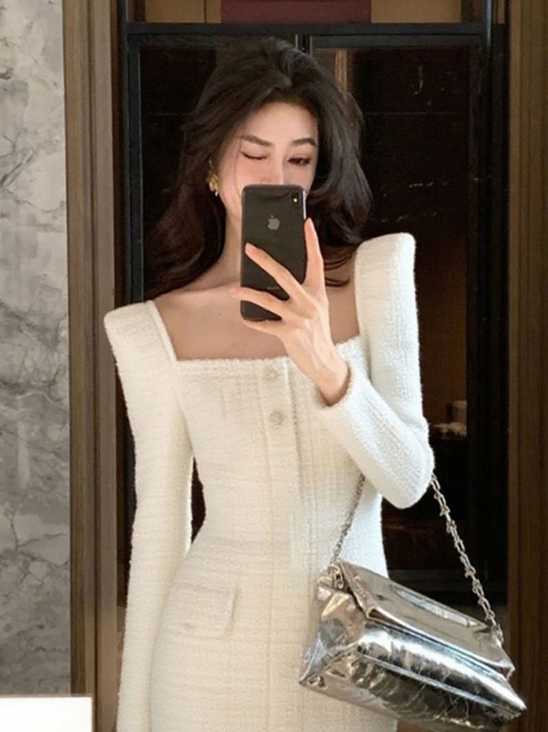 Gaun Kerah Kotak Seksi Mewah B - Sewing Tweed ulasan dan harga